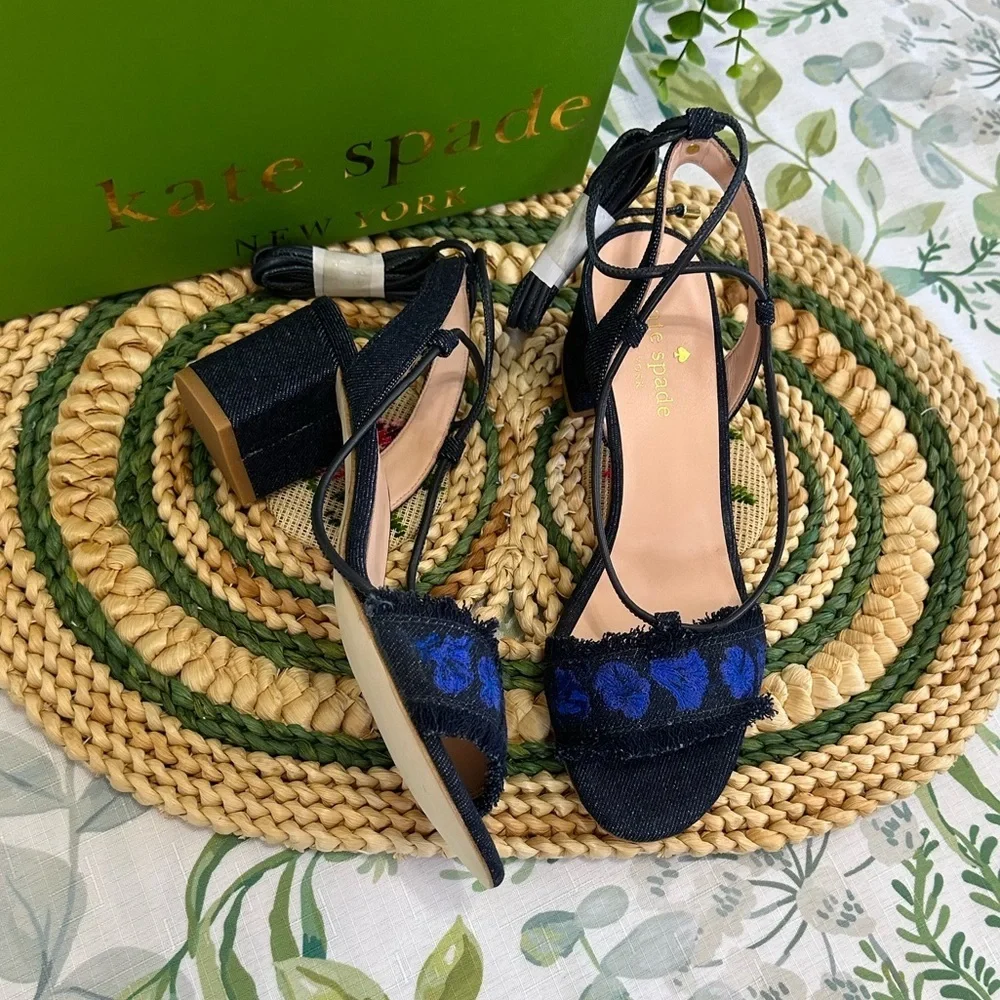 New Kate Spade Embroidered Denim Ankle Tie Block Heels Sandals Women’s Size 6